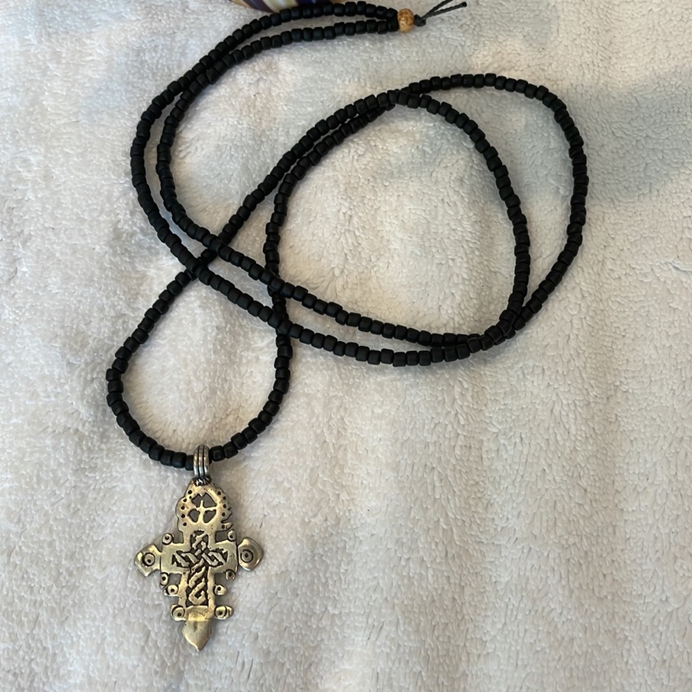 Unique Silver Cross Necklace w/ black beads 19” long